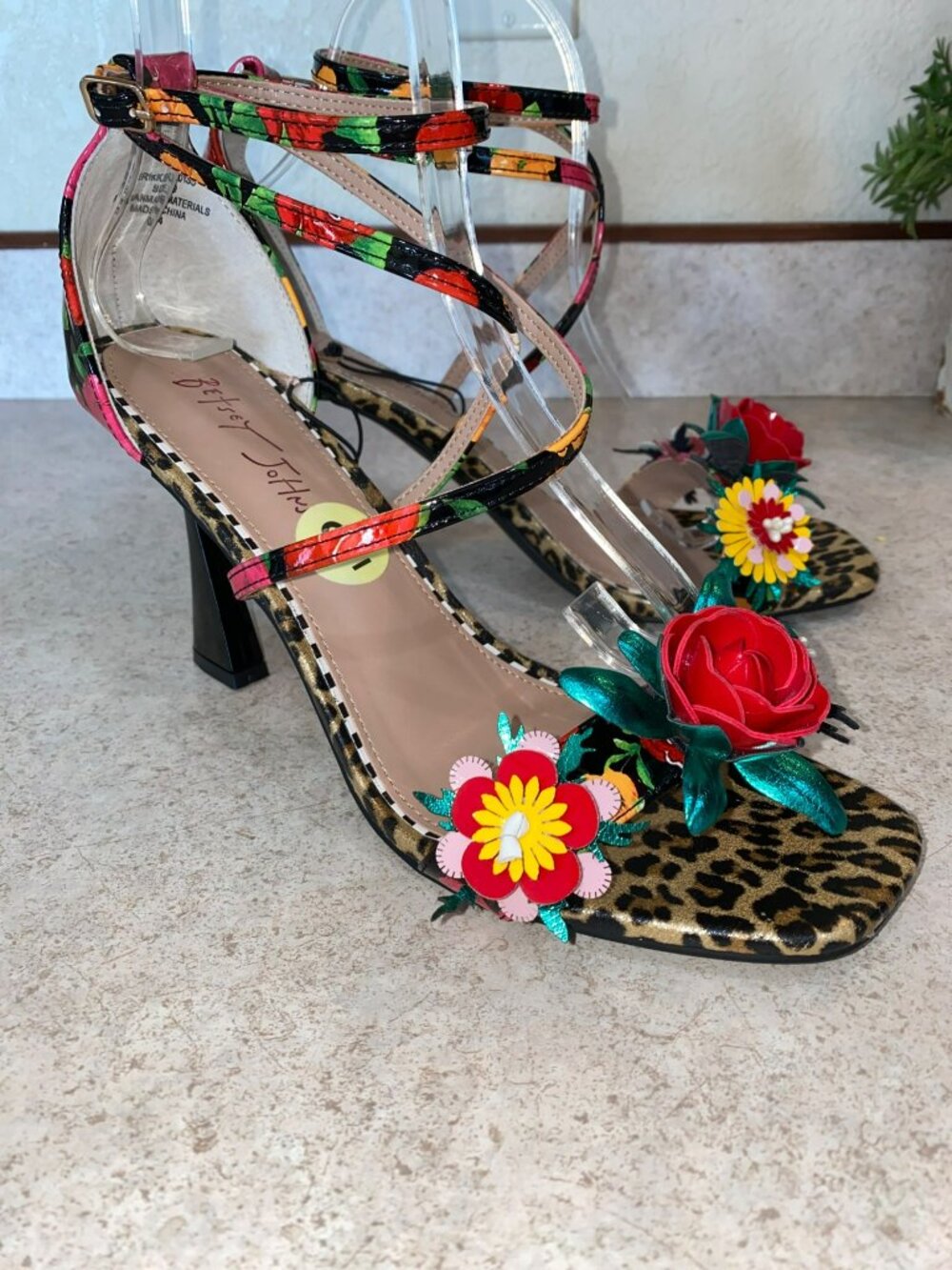 Betsey Johnson Floral Leopard Print Strappy Heels Size 9 - Picture 7 of 13